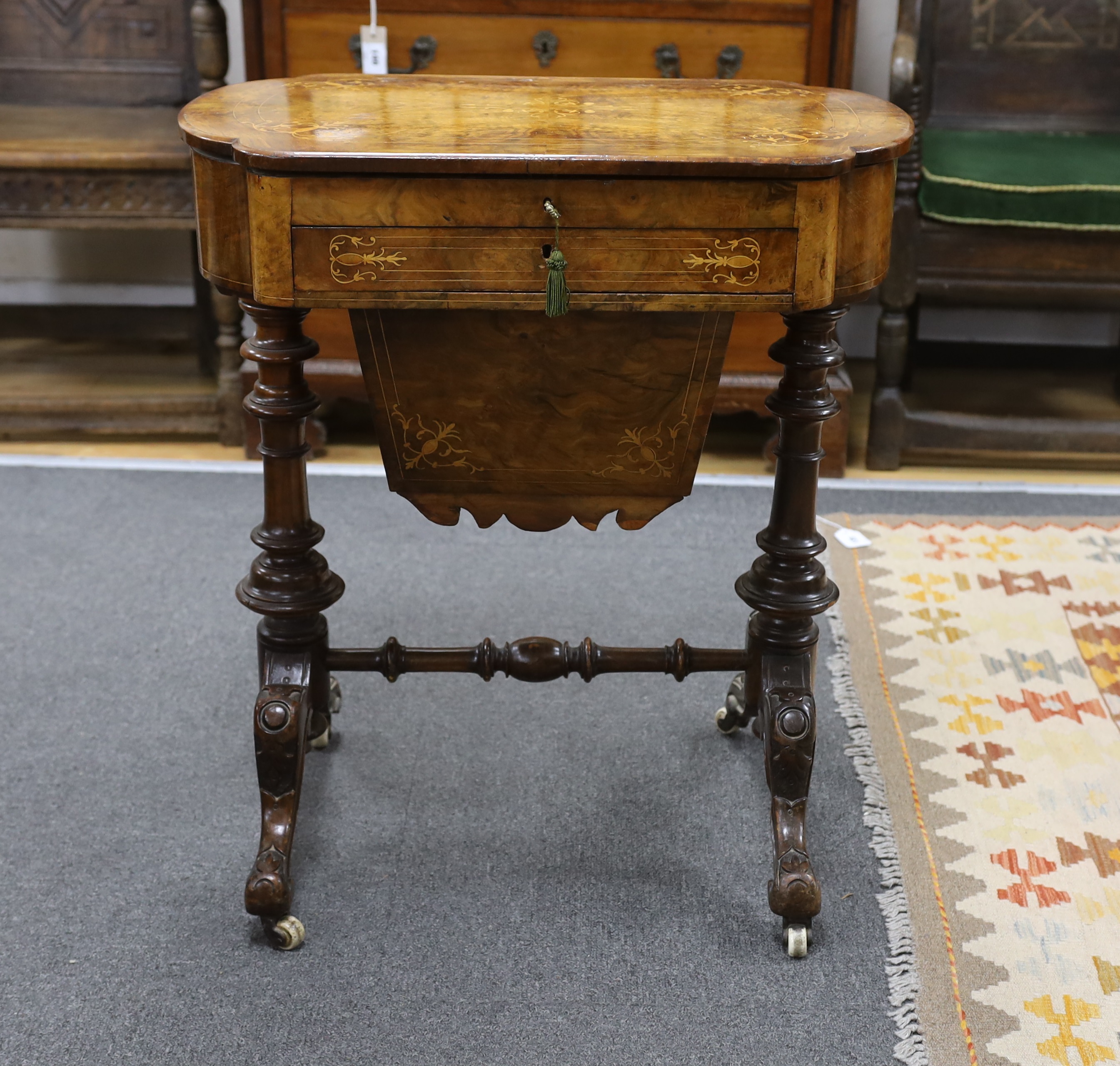 A Victorian marquetry inlaid figured walnut writing / work table, width 63cm, depth 42cm, height 72cm